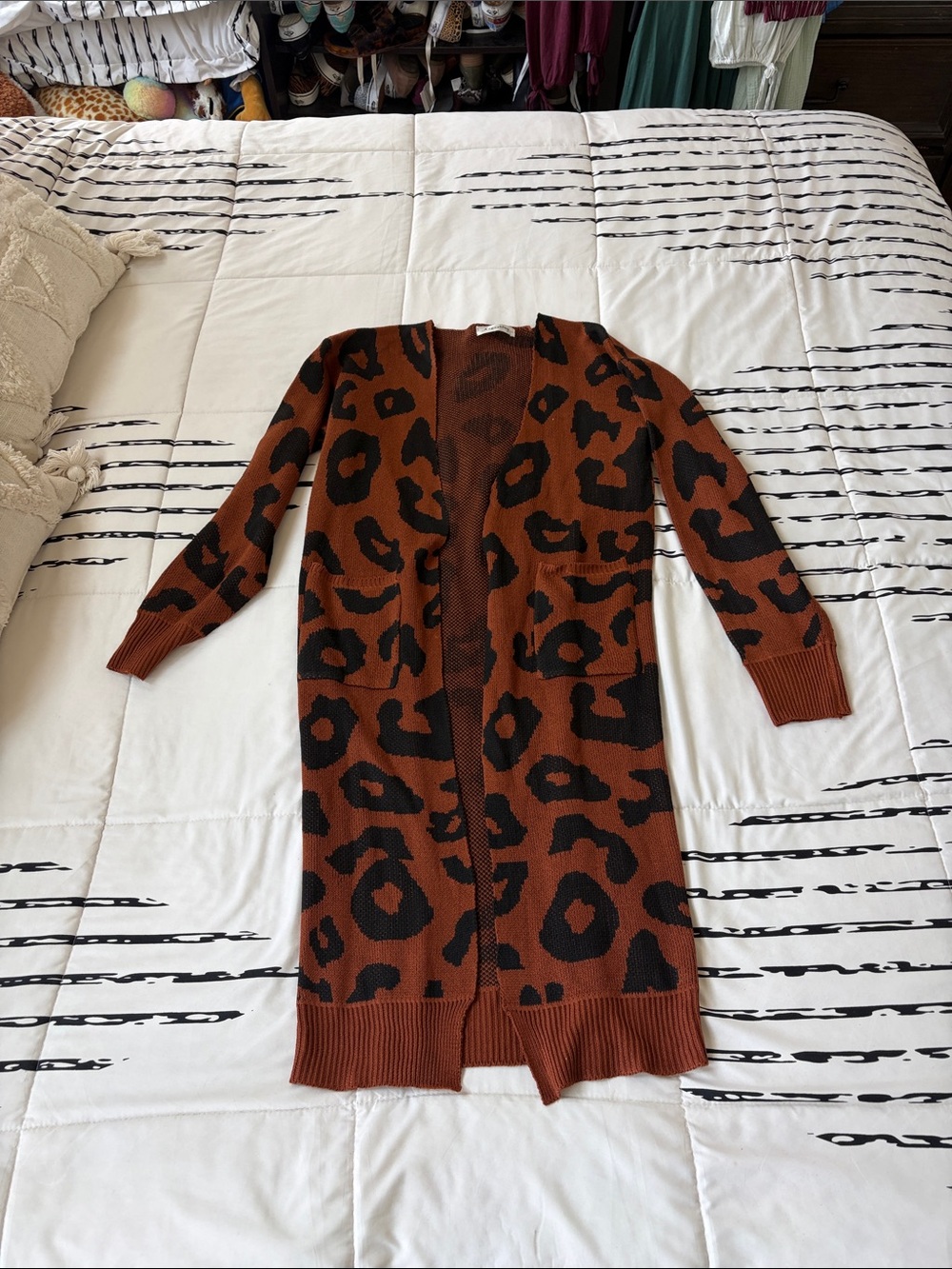 Leopard Print Long Open Cardigan - Rust/Black